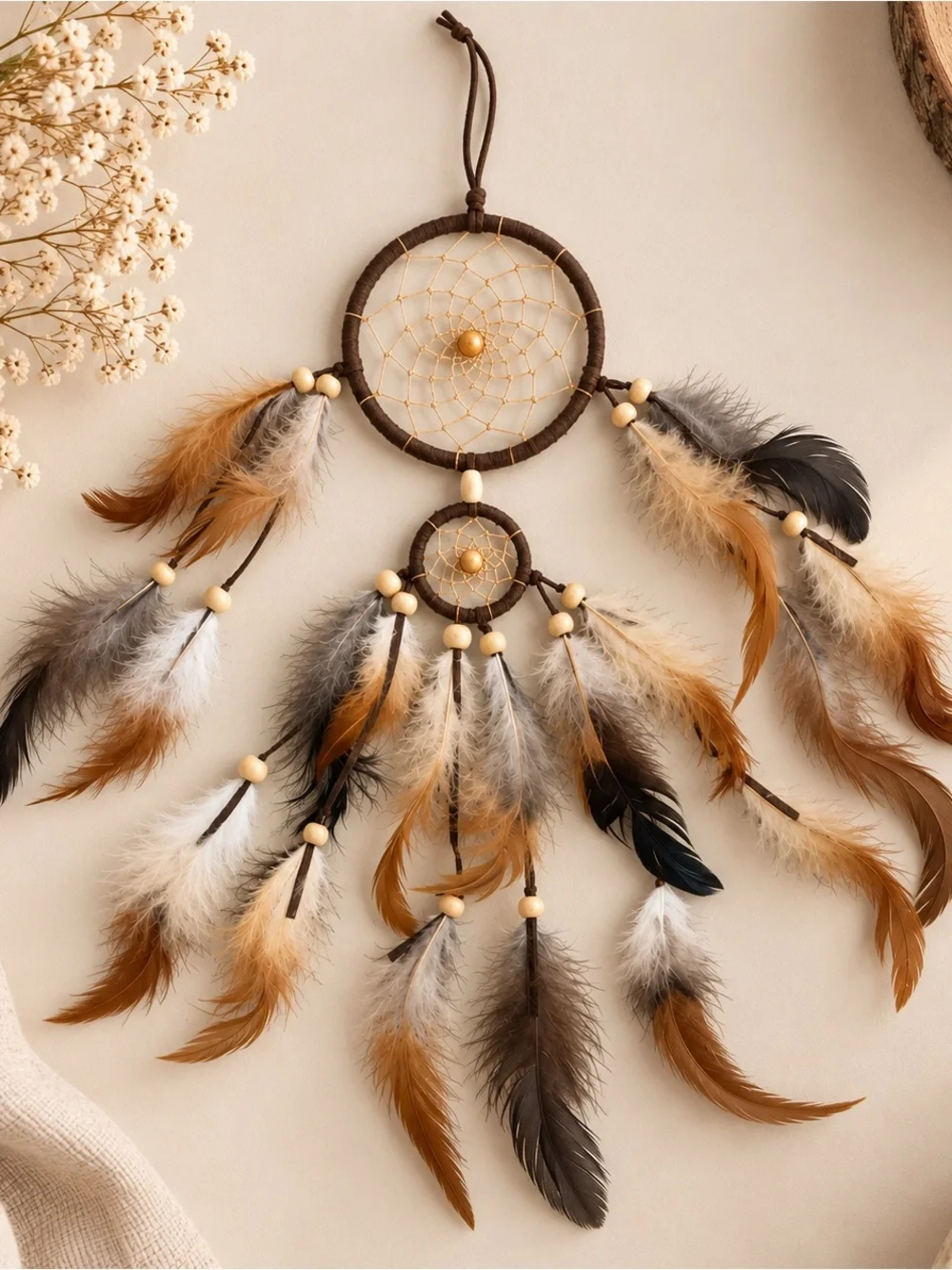 Boho Feather Dreamcatcher Wall Decor in Brown and Tan